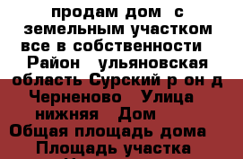  продам дом  с земельным участком все в собственности › Район ­ ульяновская область Сурский р-он д.Черненово › Улица ­ нижняя › Дом ­ 60 › Общая площадь дома ­ 60 › Площадь участка ­ 15 › Цена ­ 500 000 - Ульяновская обл. Недвижимость » Дома, коттеджи, дачи продажа   